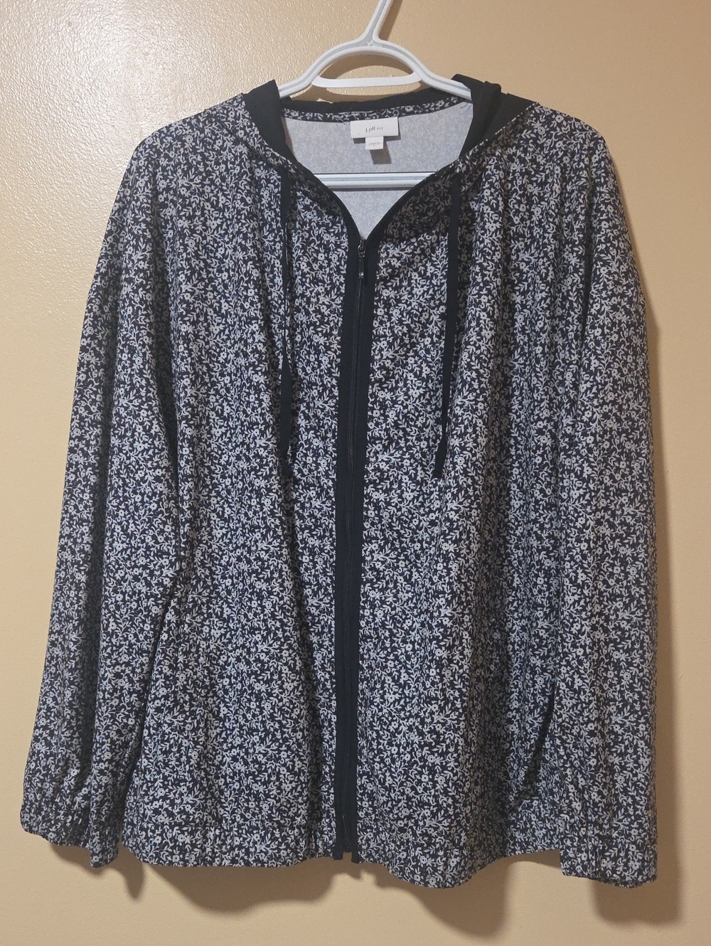 J. Jill Black & GreyFloral Zip-Up Hooded Bomber Jacket